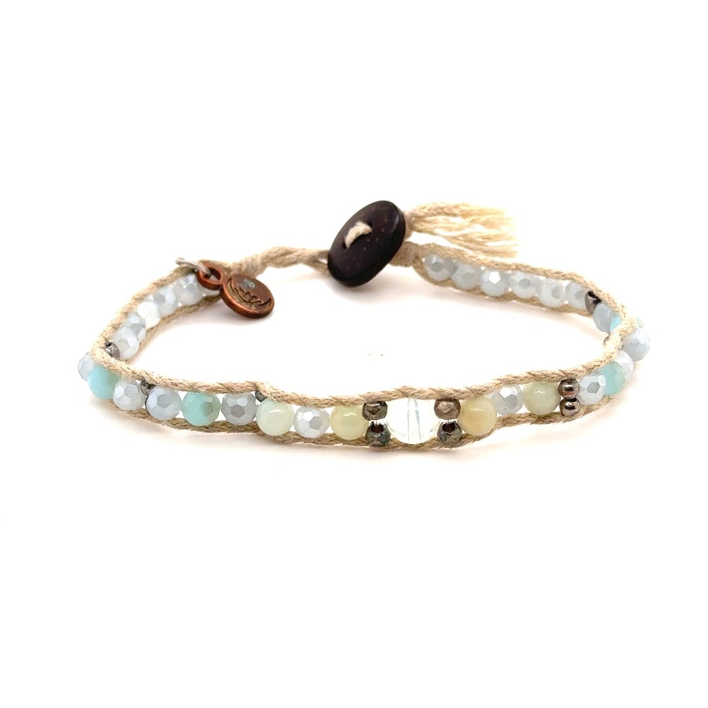 Lotus and Luna Beaded Wrap Bracelet Blue Grey Boho Coconut Button Adjustable